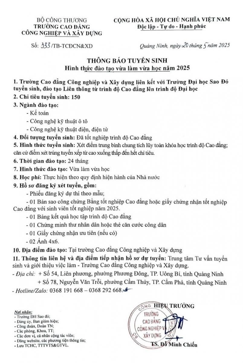 Trường Cao đẳng Công nghiệp và Xây dựng liên kết với Trường Đại học Sao Đỏ tuyển sinh, đào tạo Liên thông từ trình độ Cao đẳng lên trình độ Đại học