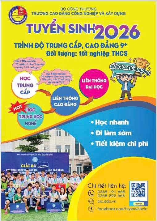 THÔNG BÁO TUYỂN SINH TRÌNH ĐỘ TRUNG CẤP, CAO ĐẲNG 9+ 