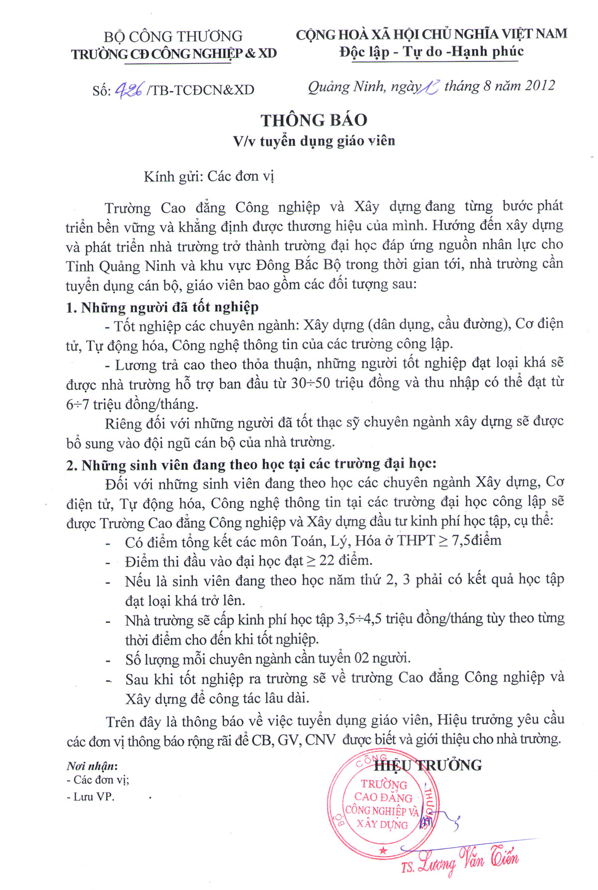 Trường cao đẳng công nghiệp và xây dựng Thông báo tuyển dụng giáo viên năm 2012 .chi tiết xem trên website www.cic.edu.vn